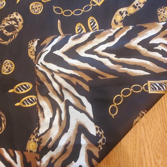 Luxurious Silky Black and Gold Animal and Jewelry Print Square Scarf - Picture 5 of 5